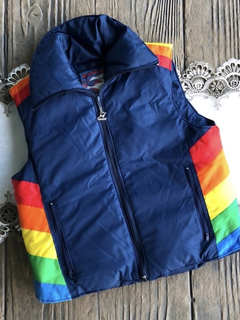 Vintage Antler Down Retro Vest Blue With Rainbow Stripes - M